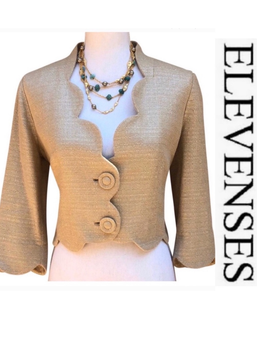 Metallic Gold Cropped Blazer scalloped lightweight tweed business casual
